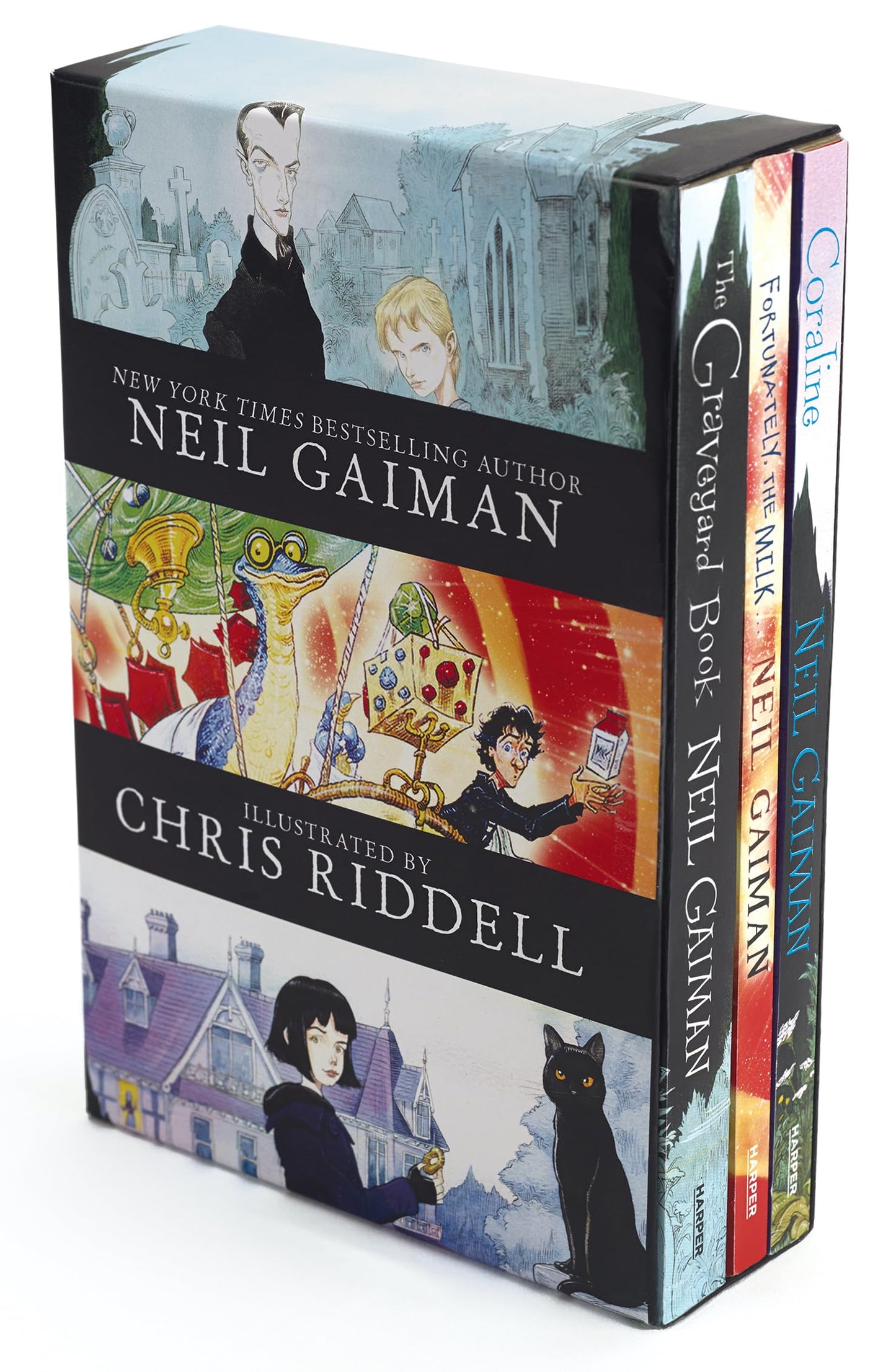 Neil Gaiman/Chris Riddell 3-Book Box Set: Coraline; The Graveyard Book; Fortunately, the Milk