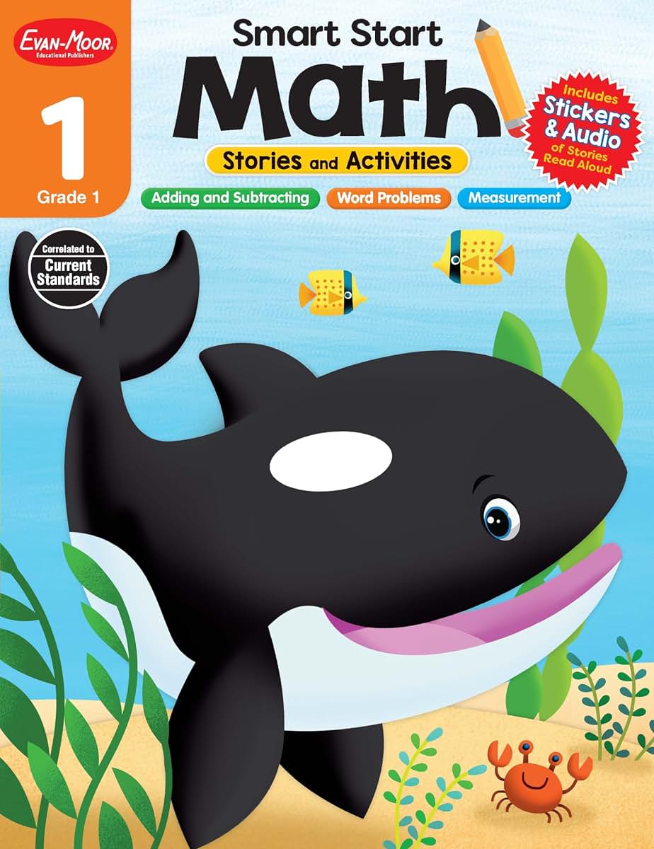 Evan-Moor Smart Start Math, Grade 1 Workbook, Stickers, Audio Read Alouds, Stories and Activities, Learn Numbers, Counting, Measurment, Addition, ... (Smart Start: Math Stories and Activities)