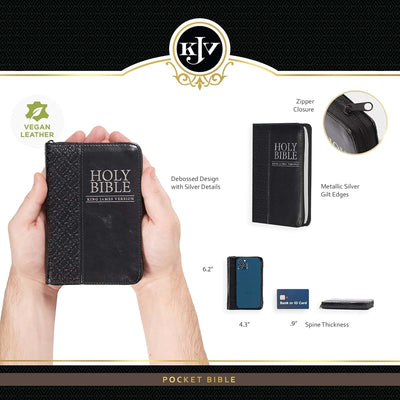 KJV Holy Bible, Mini Pocket Bible - Zippered Black Faux Leather