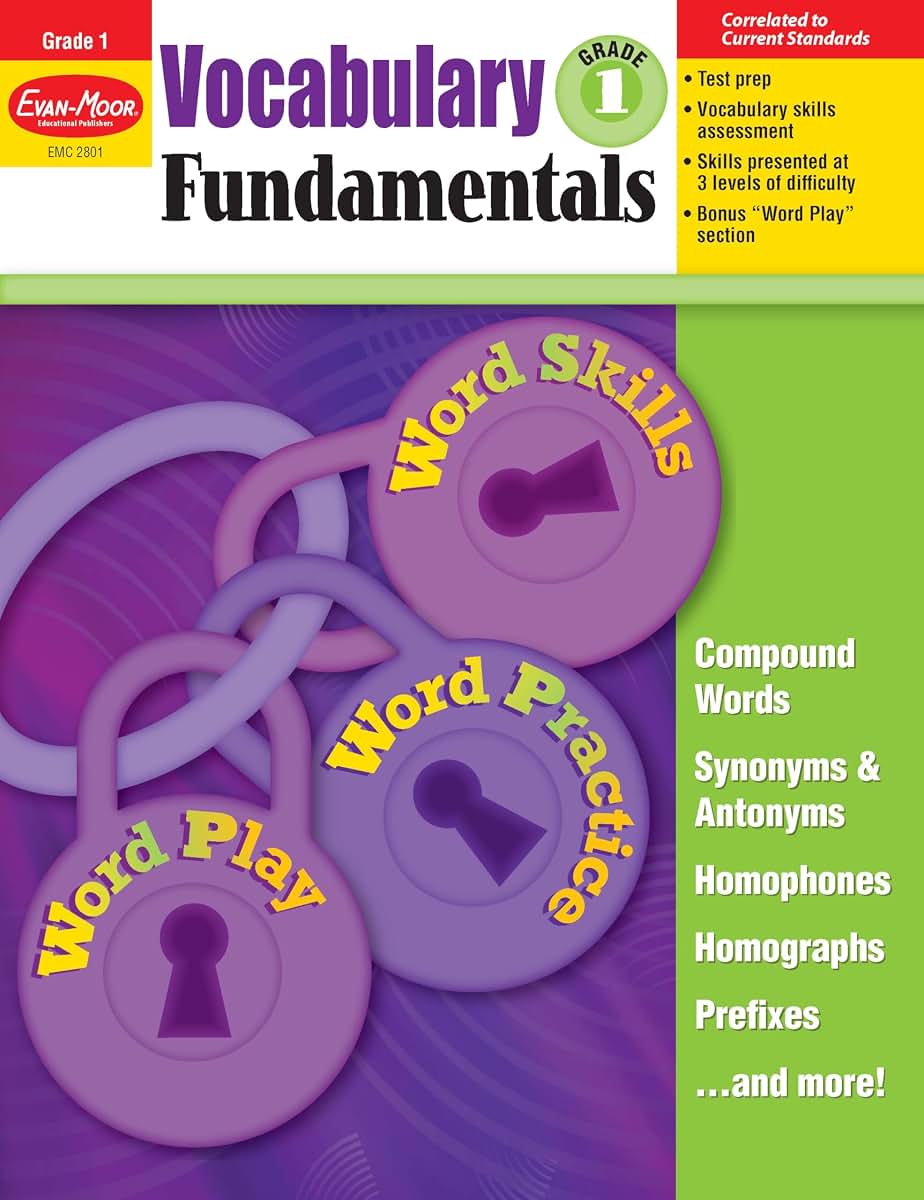 Evan-Moor Vocabulary Fundamentals, Grade 1 Homeschool and Classroom Resource, Reproducible Worksheets, Compound Words, Synonyms, Antonyms, Homophones, Homographs, Prefixes, Word Skills, Practice, Play