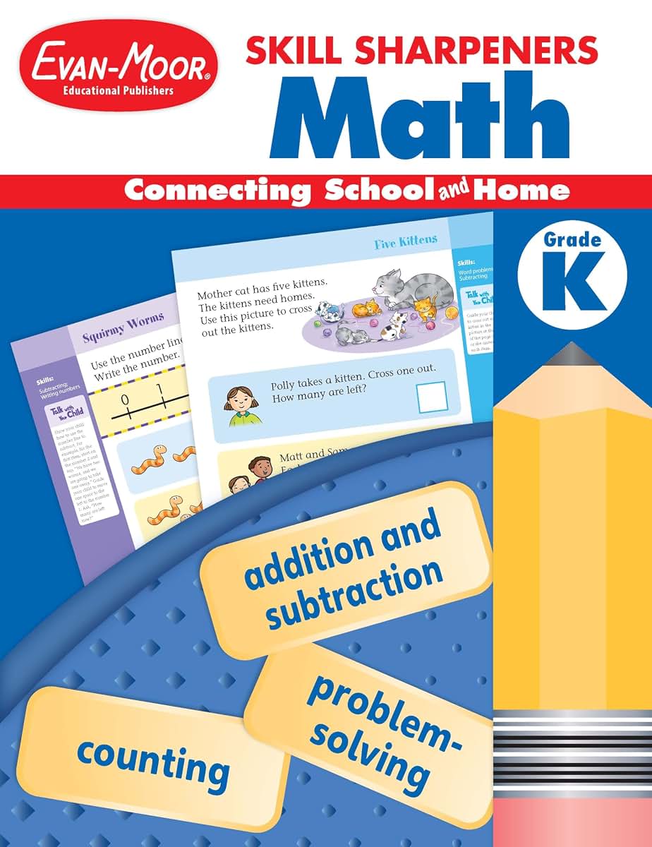 Evan-Moor Skill Sharpeners Math Workbook, Kindergarten, Addition, Subtraction, Numbers, Geometric Shapes, Word Problems, Place Value, Tell Time, Patterning, Measuring, Fun Activities, Homeschool