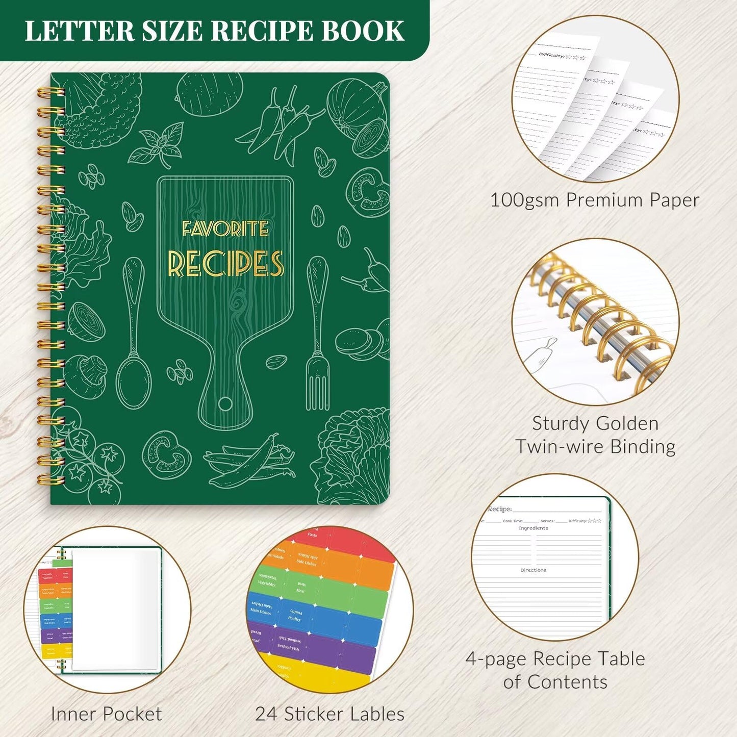LuBudingJoy Blank Recipe Book to Write in Your Own Recipes, Full Page Sprial Hardcover Personal Recipe Organise, Recipe Journal Hold 140 Recipes(Blue)