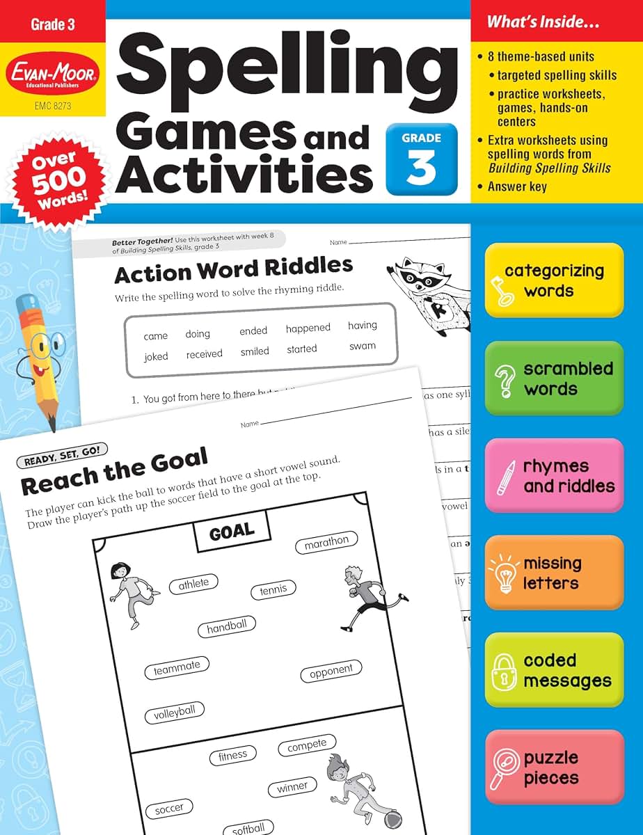 Evan-Moor Spelling Games and Activities, Grade 3 - Classroom Resource, Reproducible Worksheets, Teaching Edition, Spelling Strategies, Word Study Skills