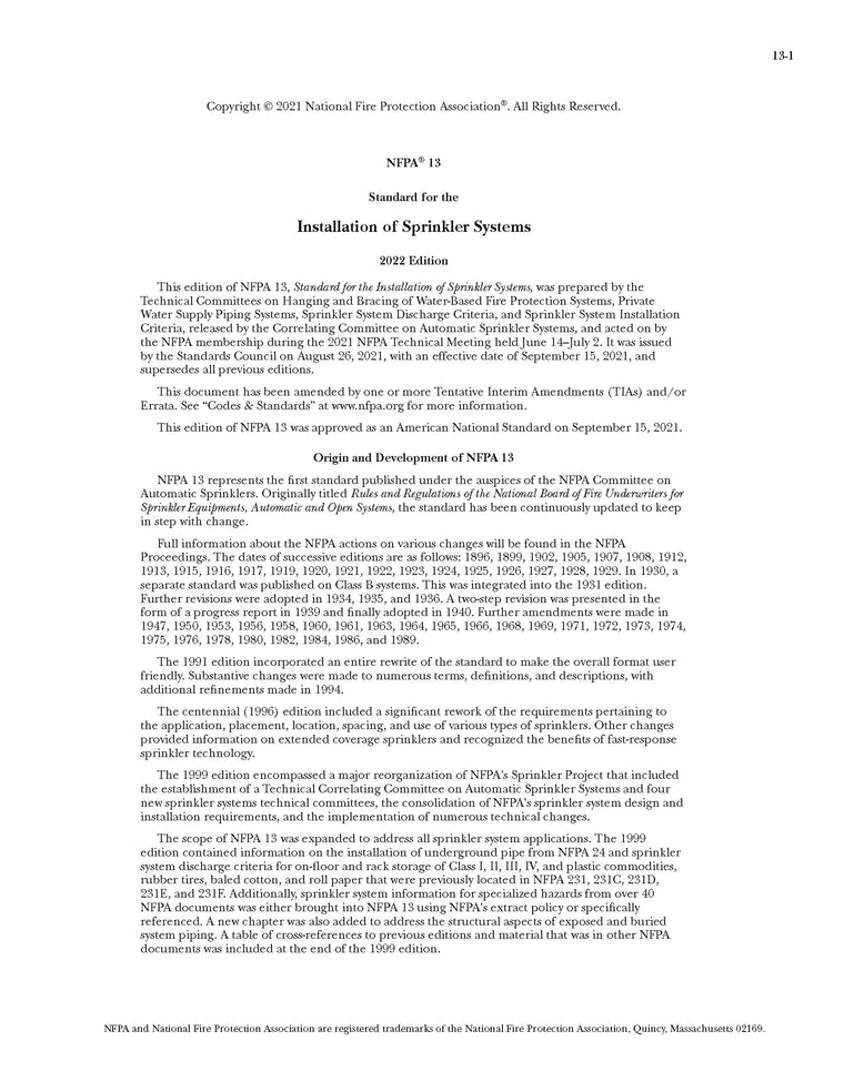 NFPA 13, Standard for the Installation of Sprinkler Systems, 2022 Edition — back cover