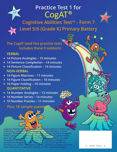 TestingMom.com Kindergarten Full Length Practice Test for CogAT Cognitive Ability Test for 3-6 Year Olds - Learning Resources to Help Gifted and Talented Children