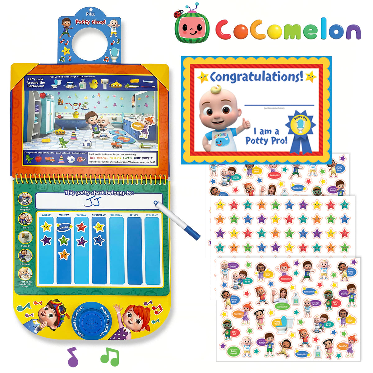 Cocomelon Potty Training Reward Chart - Potty Time with JJ! Workbook Includes Stories, Activities, Stickers, Sound Button and Wipe-Clean Chart!