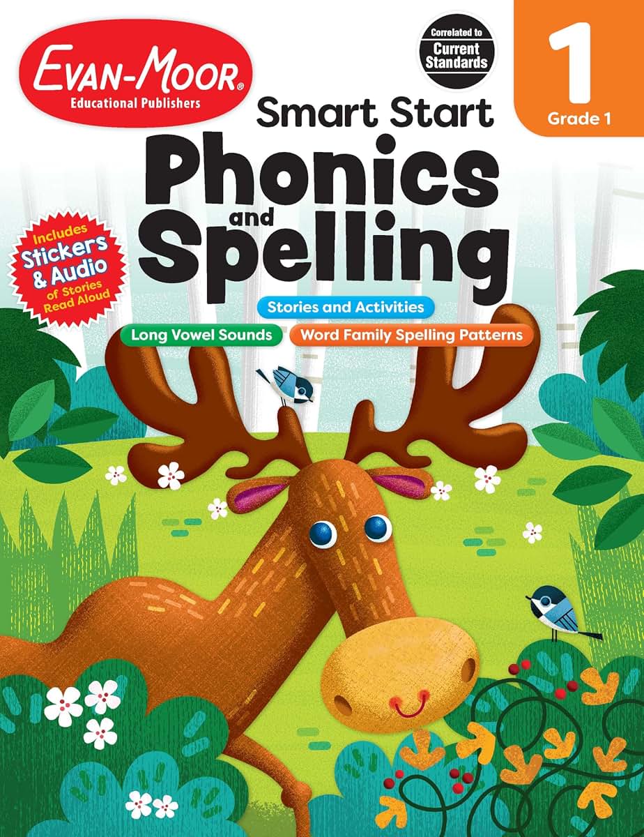 Evan-Moors Smart Start Phonics and Spelling Workbook for Grade 1, Beginning Reading, Spelling patterns, Learn to Read, Homeschool, Word families, Stickers, Print Copy, Audio stories