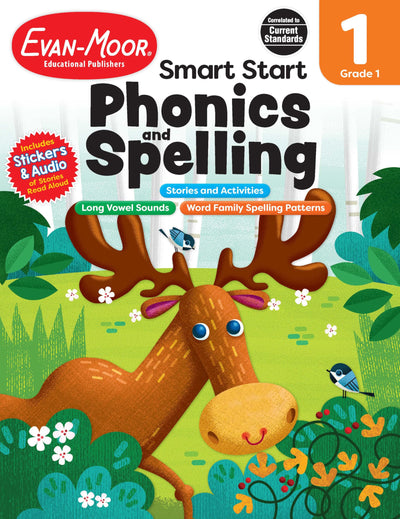 Evan-Moors Smart Start Phonics and Spelling Workbook for Grade 1, Beginning Reading, Spelling patterns, Learn to Read, Homeschool, Word families, Stickers, Print Copy, Audio stories