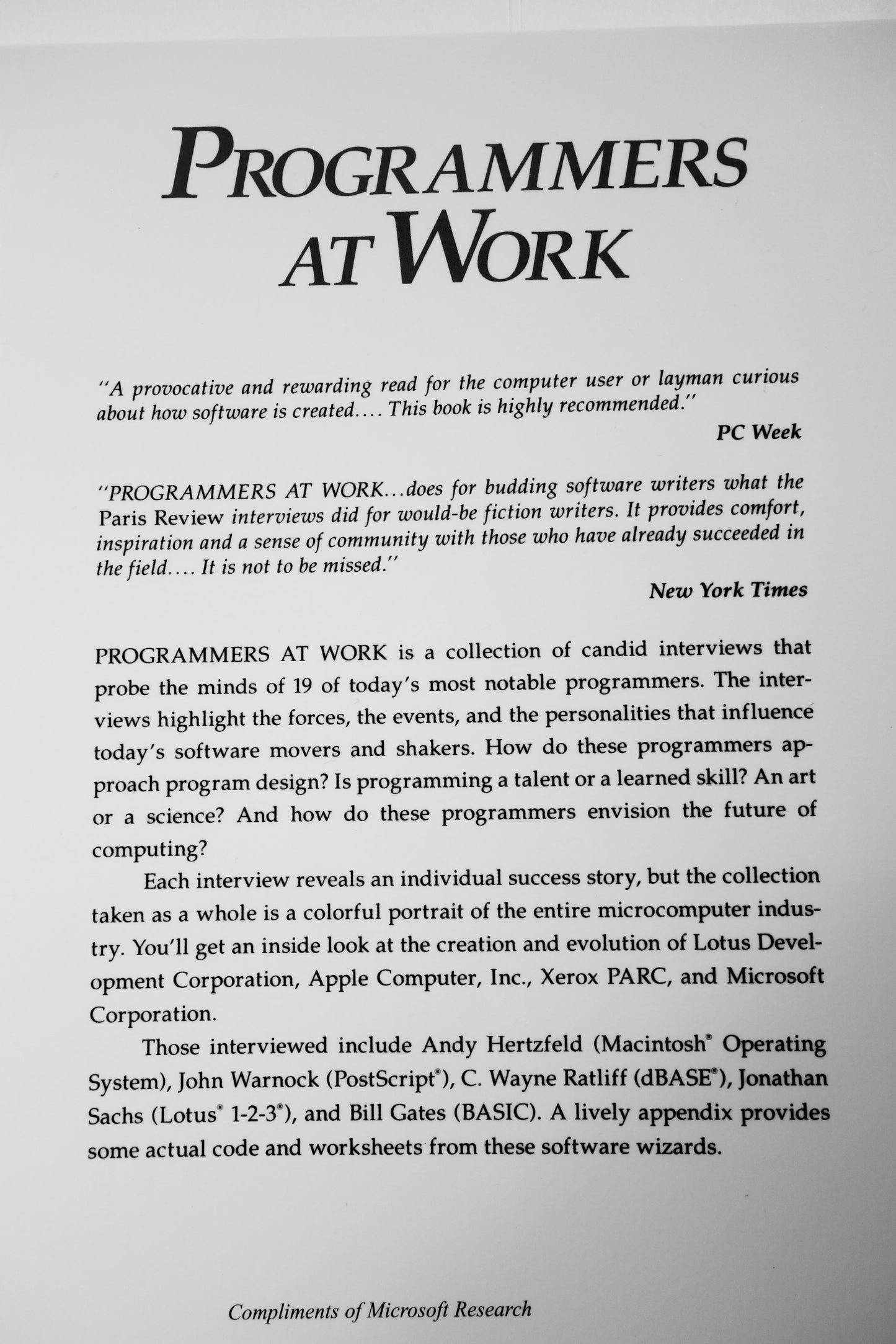 Programmers at Work: Interviews With 19 Programmers Who Shaped the Computer Industry