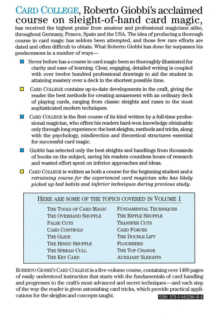 Card College, Vol. 1: A Complete Course in Sleight-of-Hand Card Magic — back cover