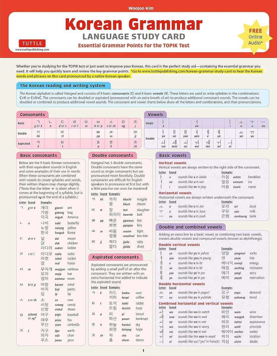 Korean Grammar Language Study Card: Essential Grammar Points for the TOPIK Test (Includes Online Audio)