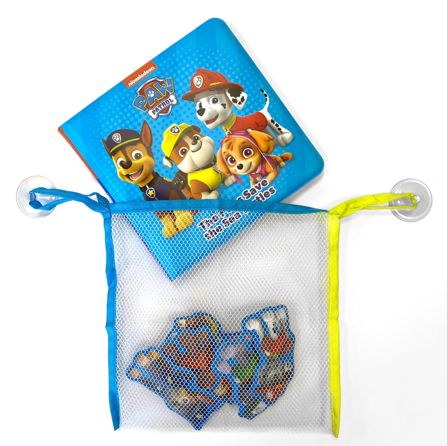 Paw Patrol The Pups Save the Sea Turtles Bath Time Books - Activity Books for kids, Bath book, 6 Padded suction cups, 1 Mesh bag
