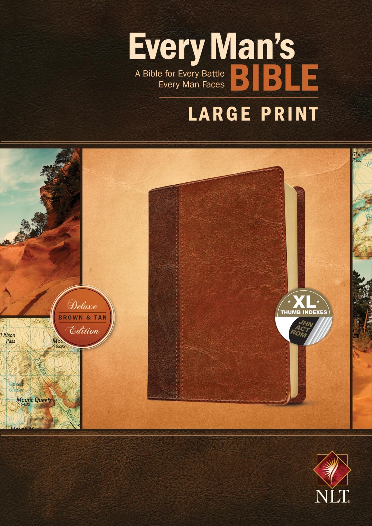 Every Man's Bible: New Living Translation, Large Print, TuTone (LeatherLike, Brown/Tan, Indexed) - Study Bible for Men with Study Notes, Book Introductions, and 44 Charts