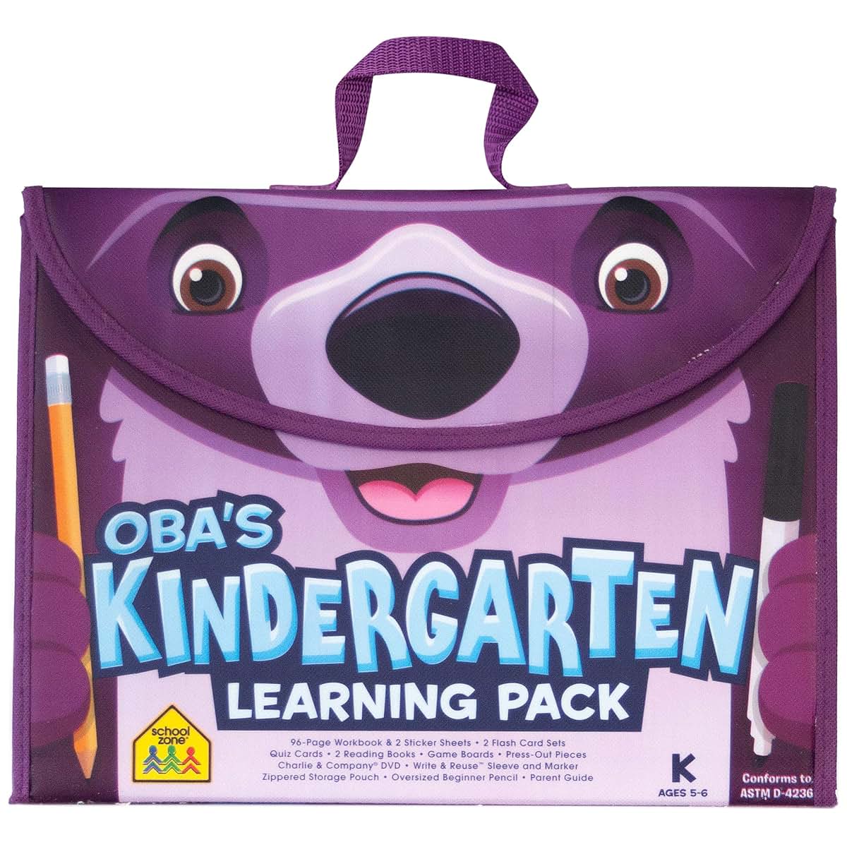 School Zone - Obas Kindergarten Learning Pack - Ages 5-6, Workbook, Flash Cards, Early Reading Books, Math, Writing Skills, Write & Reuse, Educational Games, Carrying Case, Pencil & Wipe-Clean Marker