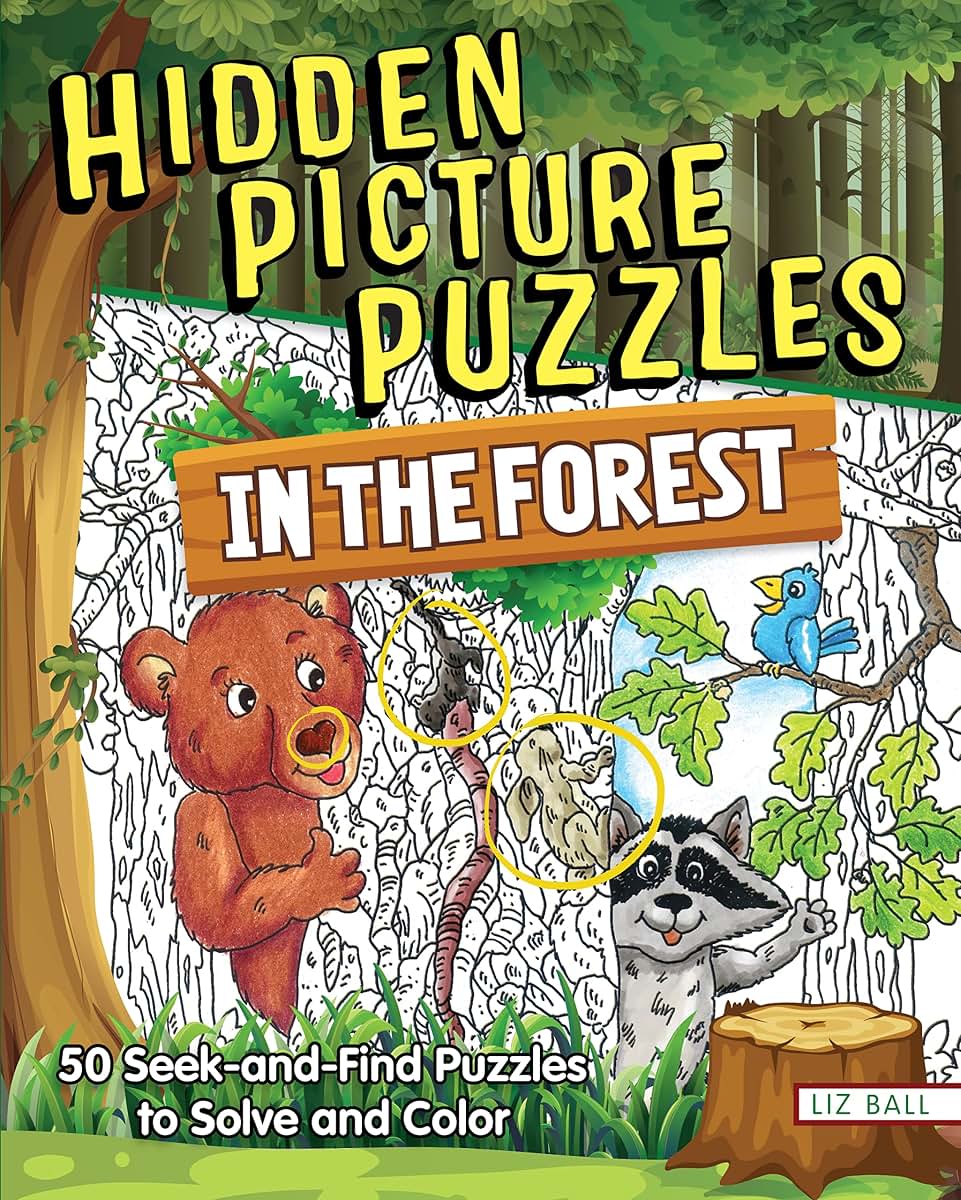 Hidden Picture Puzzles in the Forest: 50 Seek-and-Find Puzzles to Solve and Color (Happy Fox Books) 400 Animals and Secret Objects to Find, Fun Facts About Nature, and Coloring Pages for Kids 5-10
