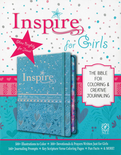 Tyndale NLT Inspire Bible for Girls (Hardcover LeatherLike, Metallic Blue): Journaling and Coloring Bible for Kids - Over 500 Scripture Illustrations to Color - Creative Bible Journal