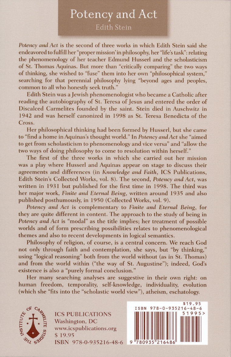 Potency and Act: Studies Toward a Philosophy of Being (The Collected Works of Edith Stein) — back cover