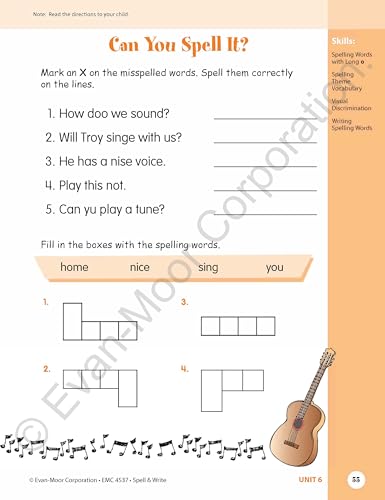Evan-Moor Skill Sharpeners Spell and Write Workbook, Grade 1, Spelling Patterns, Test Prep, Word Families, Short Vowels, Grammar, Punctuation, Creative Writing, Vocabulary, Activities, Homeschool