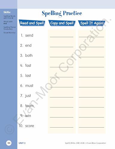 Evan-Moor Skill Sharpeners Spell and Write Workbook, Grade 2, 120 Spelling Words, Test Prep, Word Families, Short Vowels, Grammar, Punctuation, Creative Writing, Vocabulary, Activities, Homeschool