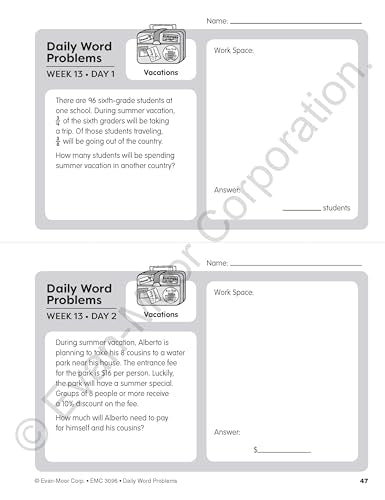Evan-Moor Daily Word Problems, Grade 6, Homeschooling & Classroom Resource Workbook, Problem-Solving Real Life Math Skills, Reproducible Worksheet ... Graphs, Charts (Daily Word Problems Math)