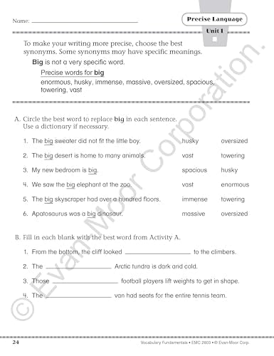 Evan-Moor Vocabulary Fundamentals, Grade 3 Homeschool and Classroom Resource, Reproducible Worksheets, Compound Words, Synonyms, Antonyms, Homophones, Homographs, Prefixes, Root Words, Idioms
