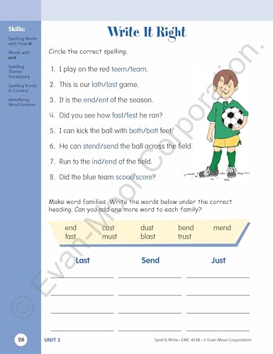 Evan-Moor Skill Sharpeners Spell and Write Workbook, Grade 2, 120 Spelling Words, Test Prep, Word Families, Short Vowels, Grammar, Punctuation, Creative Writing, Vocabulary, Activities, Homeschool