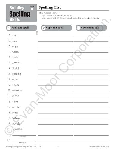 Evan-Moor Building Spelling Skills, Grade 4 - Homeschooling & Classroom Resource Workbook, Reproducible Worksheets, Teaching Edition, Spelling Strategies, Reading and Writing Skills