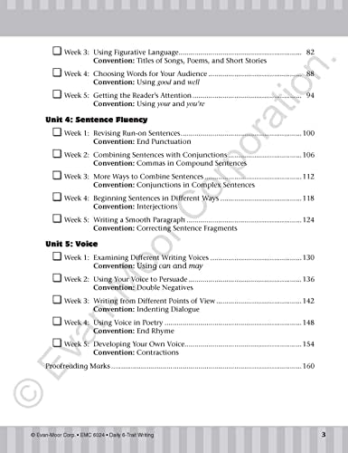 Evan-Moor Daily 6-Trait Writing, Grade 4, Homeschool and Classroom Resource Workbook, Reproducible Worksheets, Teaching Edition, Lesson Plans, Ideas, Organization, Word Choice, Sentence Fluency, Voice
