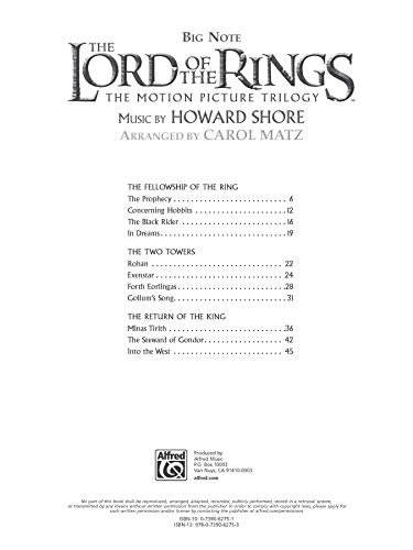The Lord of the Rings Trilogy: Music from the Motion Pictures Arranged for Big Note Piano