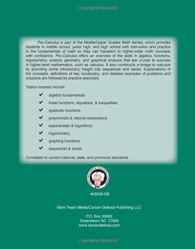 Mark Twain Pre-Calculus Math Workbook, Mathematics Middle School Books Covering Algebra, Trigonometry, Linear Equations, and More, Classroom or Homeschool Curriculum