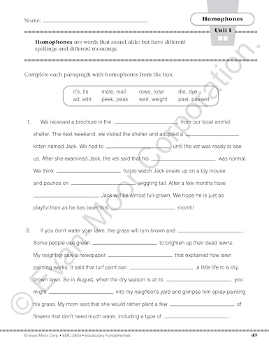 Evan-Moor Vocabulary Fundamentals, Grade 4 Homeschool and Classroom Resource, Reproducible Worksheets, Compound Words, Synonyms, Antonyms, Homophones, Homographs, Prefixes, Root Words, Idioms