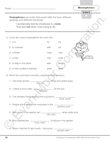 Evan-Moor Vocabulary Fundamentals, Grade 4 Homeschool and Classroom Resource, Reproducible Worksheets, Compound Words, Synonyms, Antonyms, Homophones, Homographs, Prefixes, Root Words, Idioms