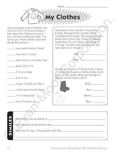 Evan-Moor Critical and Creative Thinking Activities Teacher's Book, Grade 6