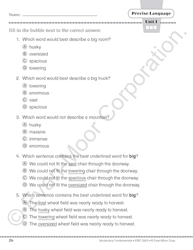 Evan-Moor Vocabulary Fundamentals, Grade 3 Homeschool and Classroom Resource, Reproducible Worksheets, Compound Words, Synonyms, Antonyms, Homophones, Homographs, Prefixes, Root Words, Idioms
