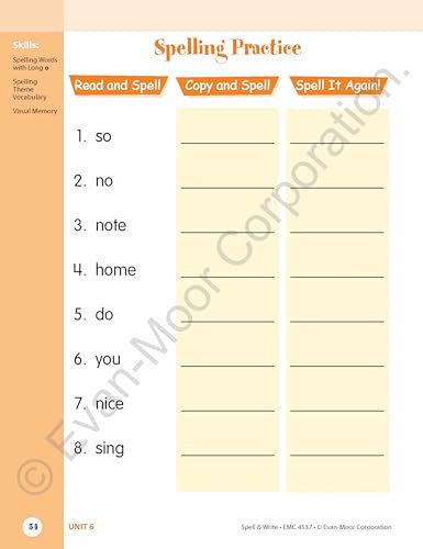 Evan-Moor Skill Sharpeners Spell and Write Workbook, Grade 1, Spelling Patterns, Test Prep, Word Families, Short Vowels, Grammar, Punctuation, Creative Writing, Vocabulary, Activities, Homeschool