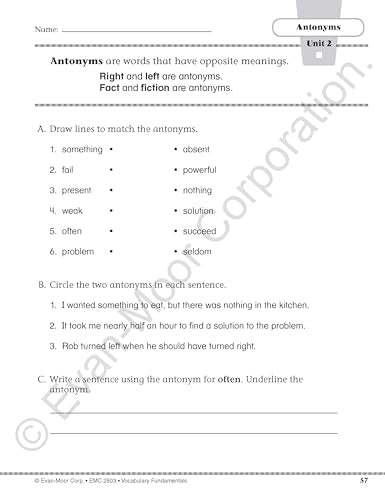 Evan-Moor Vocabulary Fundamentals, Grade 3 Homeschool and Classroom Resource, Reproducible Worksheets, Compound Words, Synonyms, Antonyms, Homophones, Homographs, Prefixes, Root Words, Idioms