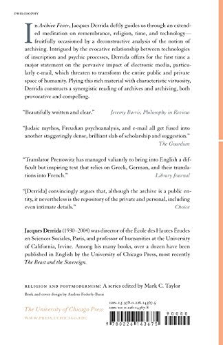 Archive Fever: A Freudian Impression (Religion and Postmodernism) — back cover