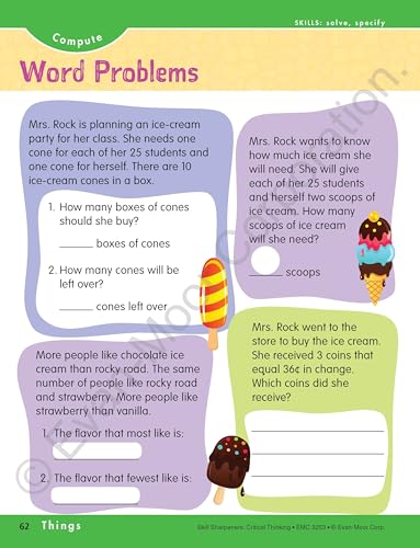 Evan-Moor Skill Sharpeners Critical Thinking, Grade 3 Workbook, Problem Solving Skills, Fun Activities, Higher-Order, Open-Ended Questions and Challenges, Science, Math, Social Studies, Language Arts