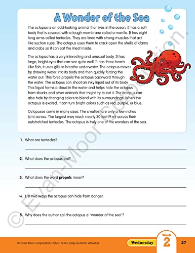 Evan-Moor Daily Summer Activities, Grade 3-4 Workbook, Stickers, Prevent Learning Loss, Reading Comprehension, Writing, Math, Grammar, Punctuation, Spelling, Multiplication, Fractions, Geography, Maps