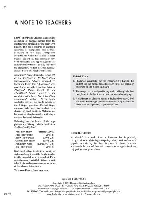 ShowTime Piano: Classics - Level 2A  Easy Classical Piano Sheet Music for Beginner Students with Operatic and Symphonic Themes  Piano Songbook for Educational Repertoire Practice  Faber Piano Book