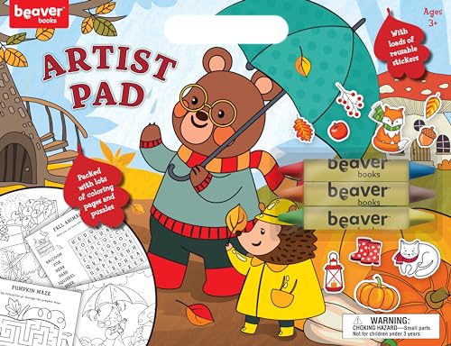 Large Artist Pad with Handle Set, Sticker Book with Coloring and Puzzle Activities for Kids 3 and Up, Includes 3 Double-Sided Crayons, Kids Art Supplies for Travel and Home
