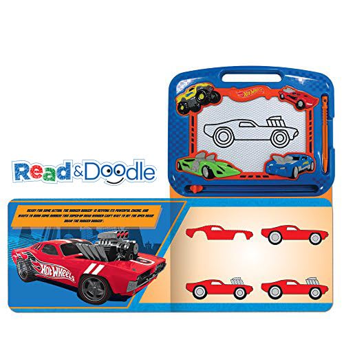 Hot Wheels Read & Doodle - Learning resources for kids, a magnetic drawing pad, an easy-to-use pen, 22-page board book for reading and drawing
