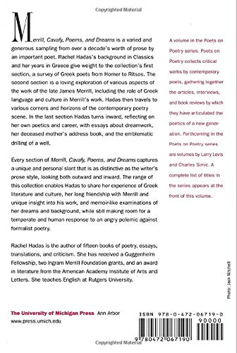 Merrill, Cavafy, Poems, and Dreams (Poets On Poetry) — back cover