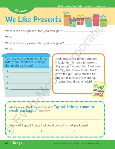 Evan-Moor Skill Sharpeners Critical Thinking, Grade 3 Workbook, Problem Solving Skills, Fun Activities, Higher-Order, Open-Ended Questions and Challenges, Science, Math, Social Studies, Language Arts