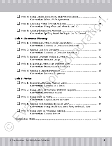 Evan-Moor Daily 6-Trait Writing, Grade 5 Homeschool and Classroom Resource Workbook, Reproducible Worksheets, Teaching Edition, Lesson Plans, Ideas, Organization, Word Choice, Sentence Fluency, Voice