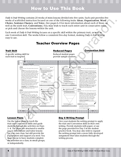 Evan-Moor Daily 6-Trait Writing, Grade 5 Homeschool and Classroom Resource Workbook, Reproducible Worksheets, Teaching Edition, Lesson Plans, Ideas, Organization, Word Choice, Sentence Fluency, Voice
