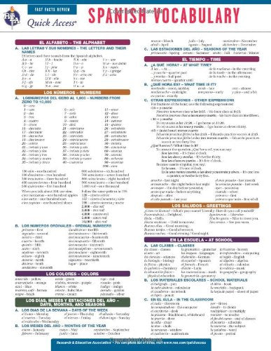 Spanish Vocabulary - REA's Quick Access Reference Chart (Quick Access Reference Charts) (English and Spanish Edition)