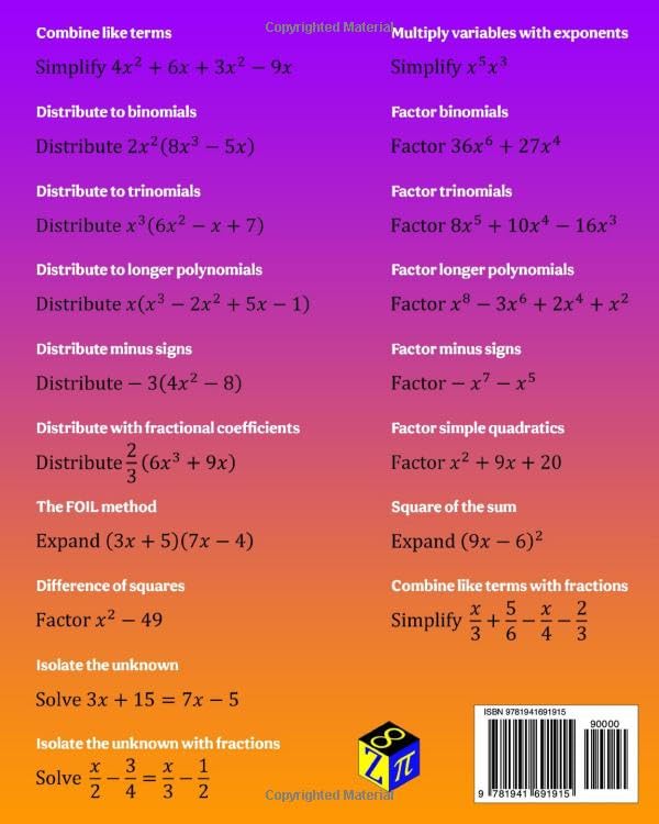 Beginning Algebra Skills Practice Workbook: Factoring, Distributing, FOIL, Combine Like Terms, Isolate the Unknown