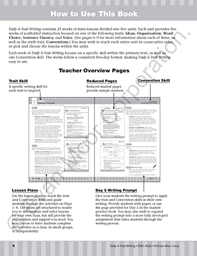 Evan-Moor Daily 6-Trait Writing, Grade 4, Homeschool and Classroom Resource Workbook, Reproducible Worksheets, Teaching Edition, Lesson Plans, Ideas, Organization, Word Choice, Sentence Fluency, Voice