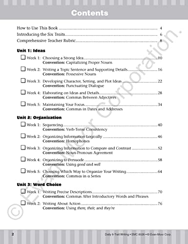 Evan-Moor Daily 6-Trait Writing, Grade 6 Homeschool and Classroom Resource Workbook, Reproducible Worksheets, Teaching Edition, Lesson Plans, Ideas, Organization, Word Choice, Sentence Fluency, Voice